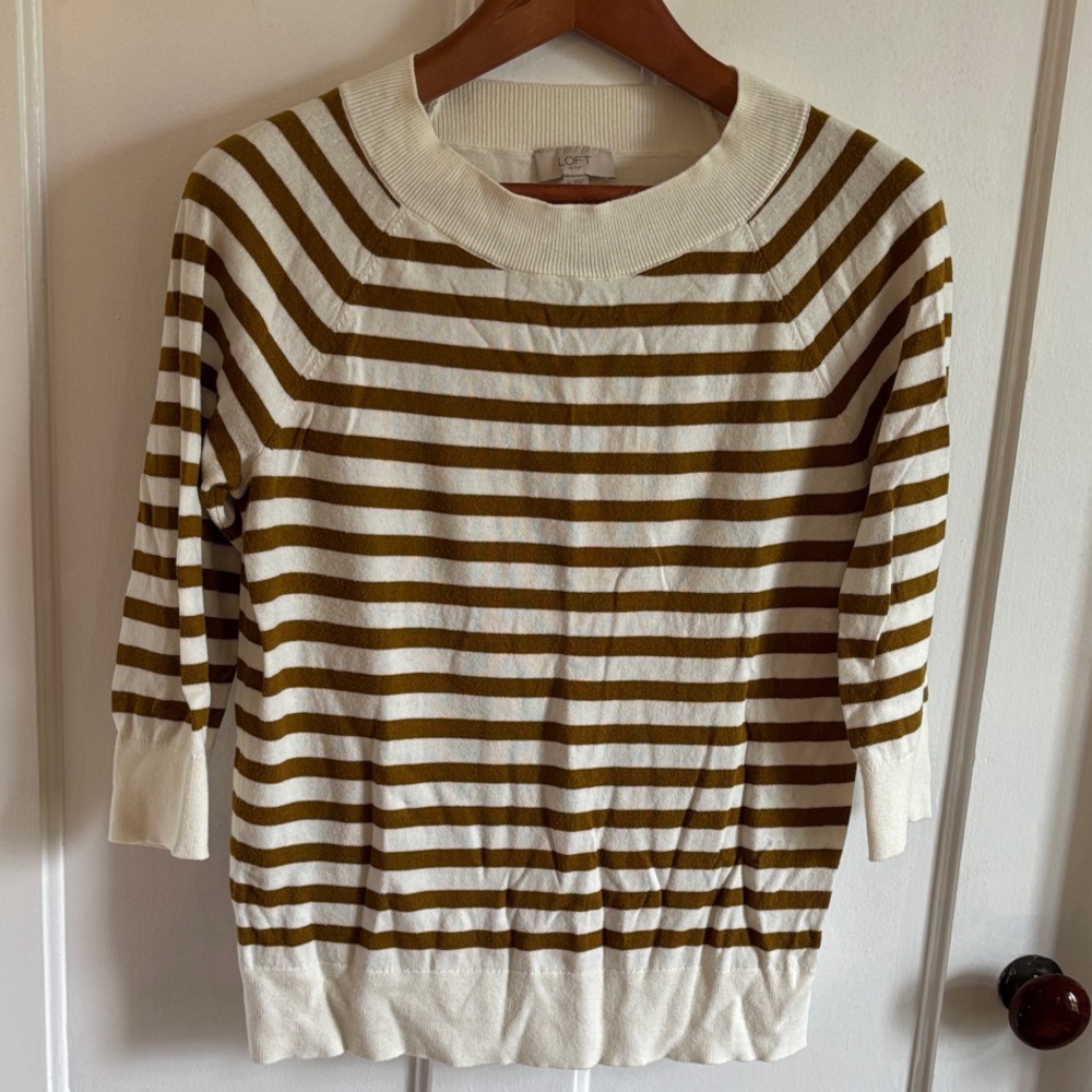 LOFT Cream and Olive Striped Lightweight Sweater